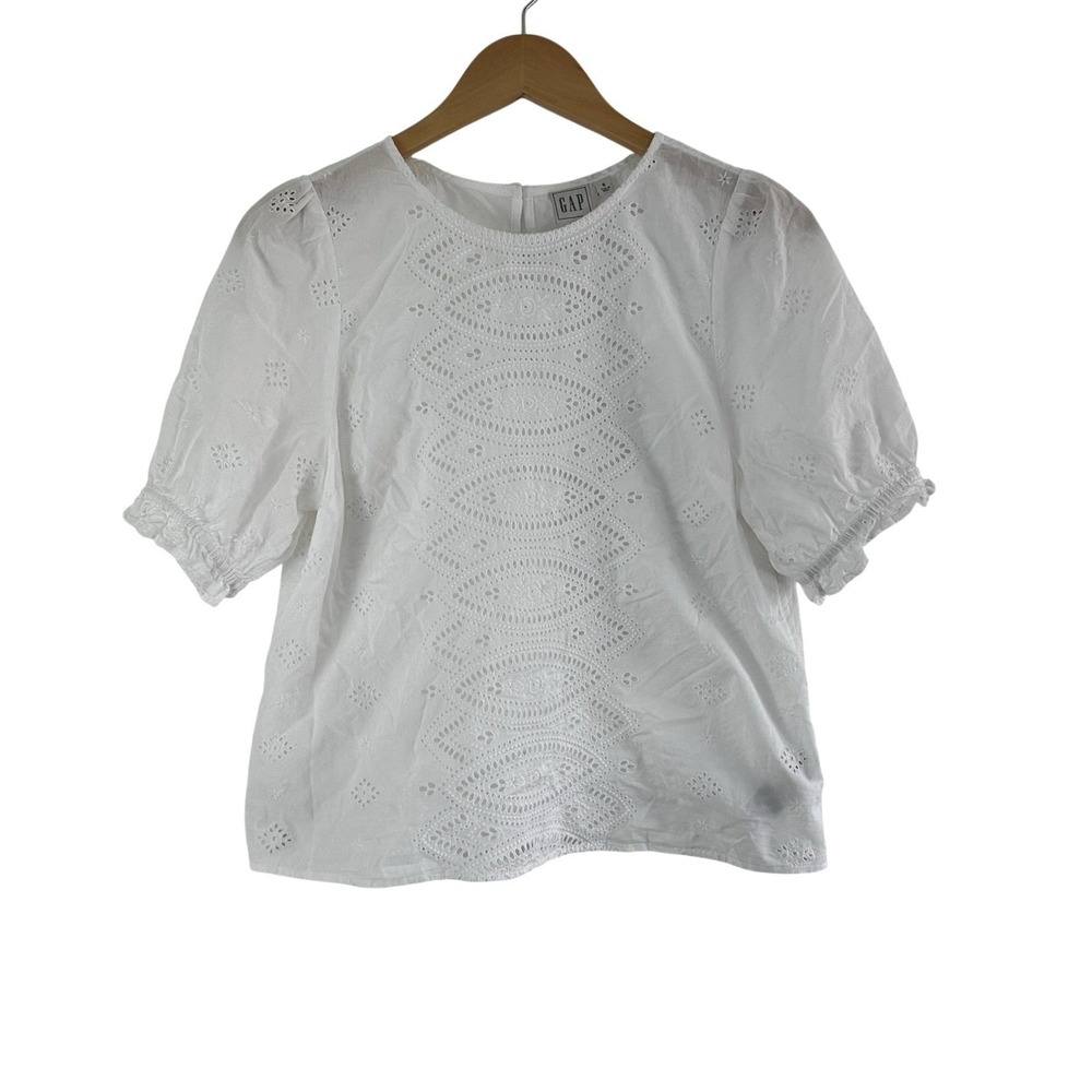 GAP White Eyelet Peasant Blouse Womens Small Cotton Cottagecore Ruffle‎ Sleeve